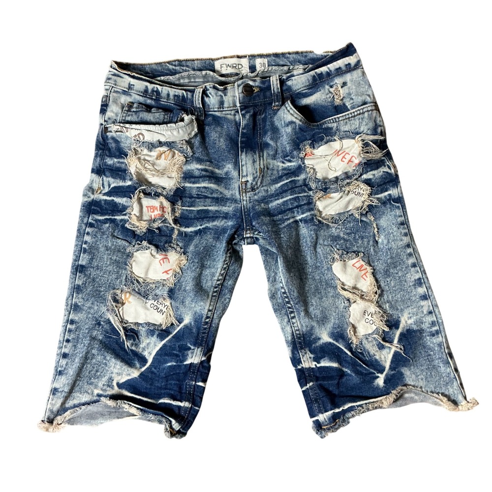 FWRD‎ Denim Mens 30 Distressed Acid Wash Jean Shorts Ripped Graphic Streetwear